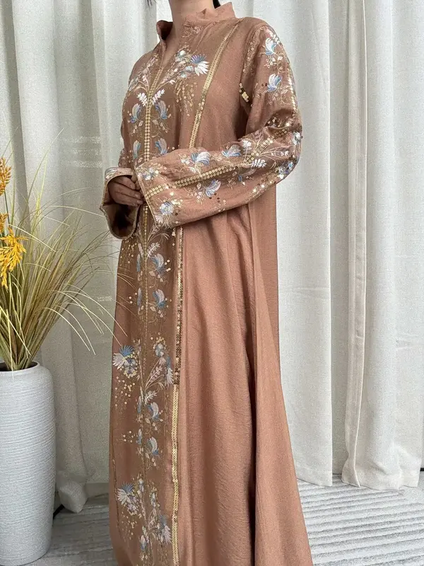 Women's Elegant Loose-Fit Abaya Dress, High-Quality Embroidered Beaded Fabric, All-Season Woven Clothing, Perfect for Special...
