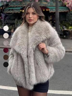 Women's Solid Color Faux Fur Luxury Jacket, Priscilla Fur Coat, Casual Warmth Long Sleeve Collared Fuzzy Coat for Fall & ...