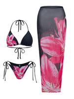 Women's Floral Print Halter Bikini Set, Casual Tie Back Contrast Mesh Swim Top & Tie Side Swim Bottom & Cover Up Skirt Set, L...
