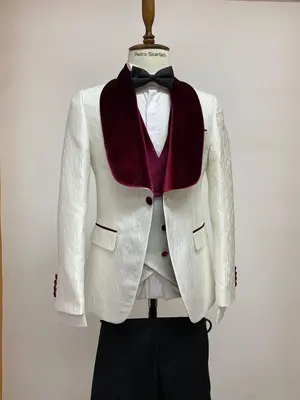 Ivory and Burgundy Tuxedo - Cream Wedding Groom Suit With Vest and Pants