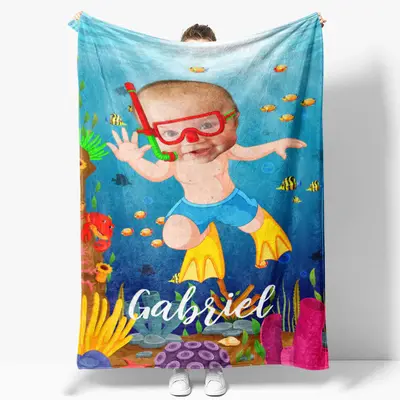 Personalized Baby Boy Diving Sea World Fish Blanket - Lofaris