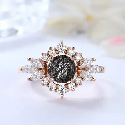 Cluster Moissanite Halo Round Black Quartz Ring Floral Statement Ring