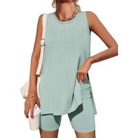 Fisoew Women's Summer 2 Piece Outfits Sleeveless High Low Spilt Hem Tank Top Biker Shorts Sets Lounge Set Tracksuit