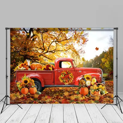 Red Truck Pumpkin Maple Tree Autumn Backdrop For Decor - Aperturee