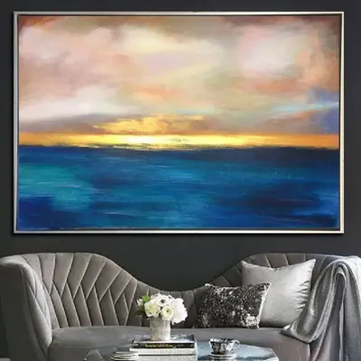 Sunset Painting Abstract Blue Ocean Wall Art Gold Horizon Fine Art Large Ocean Thick Paint Unique | SUMMER SUNSET