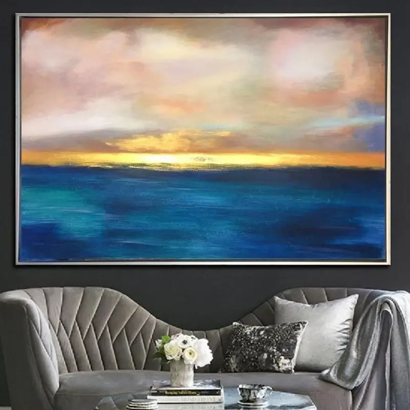 Sunset Painting Abstract Blue Ocean Wall Art Gold Horizon Fine Art Large Ocean Thick Paint Unique | SUMMER SUNSET