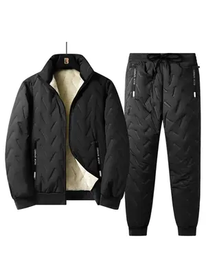 Men's Solid Zip Up Thermal Lined Jacket & Drawstring Waist Pants Two-piece Set, Regular Fit Casual Long Sleeve Stand Collar O...