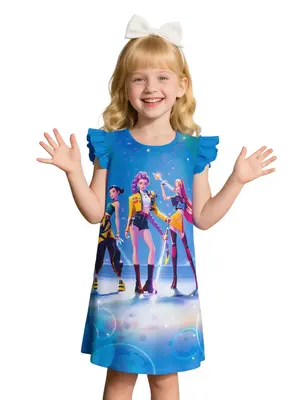 Girls' K-Pop Huntrix Character Print Dress, Cute Cartoon Pattern, Fitted Design, Moderate Fabric, All Seasons Wear