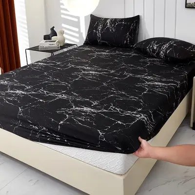 Marble Print Bedding Set, Including 1 Count Fitted Sheet & 2 Counts Pillowcase without Pillow Filler, Bedroom Accessories, Su...