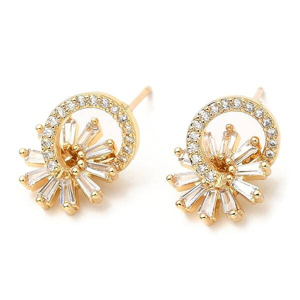 Rack Plating Brass Ring with Flower Stud Earrings with Cubic Zirconia
