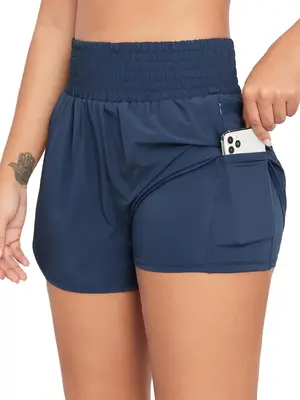 Women's Plain Pocket 2 in 1 Sports Shorts, Sporty Casual Shirred High Waist Shorts for Yoga Running Golf Tennis Pickleball,  ...