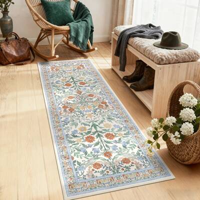 Garvee 2x6 Runner Rug for Entryway - Non-Slip, Washable, Stain-Resistant - Ultra-Thin Floral Carpet - Soft Faux Wool, Low Pro...