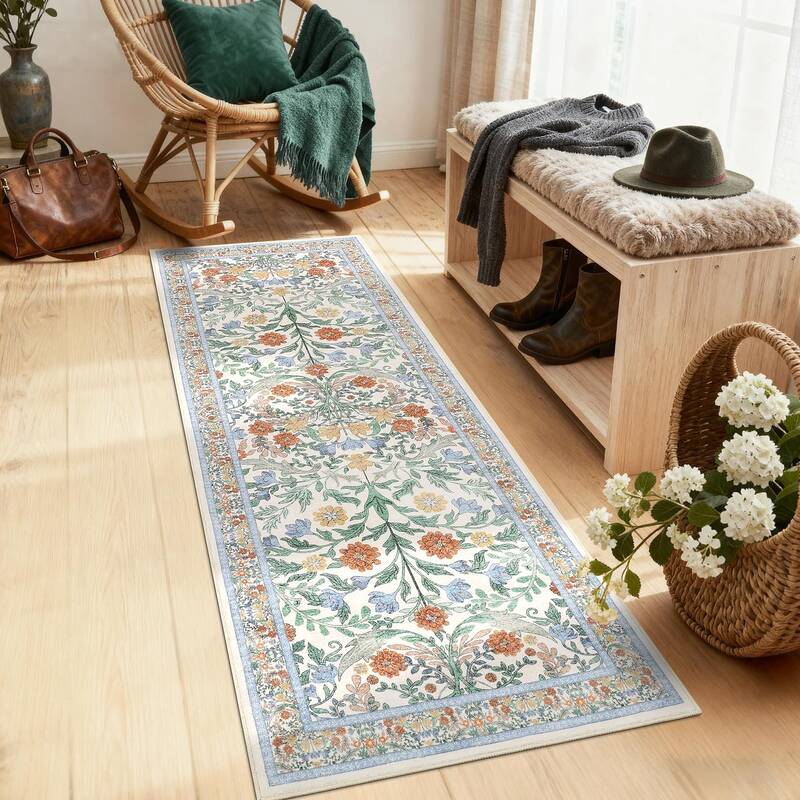 Garvee 2x6 Runner Rug for Entryway - Non-Slip, Washable, Stain-Resistant - Ultra-Thin Floral Carpet - Soft Faux Wool, Low Pro...