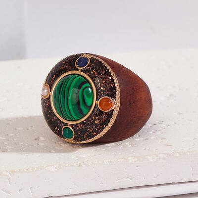 Flat Round Wood & Resin & Synthetic Malachite Finger Rings