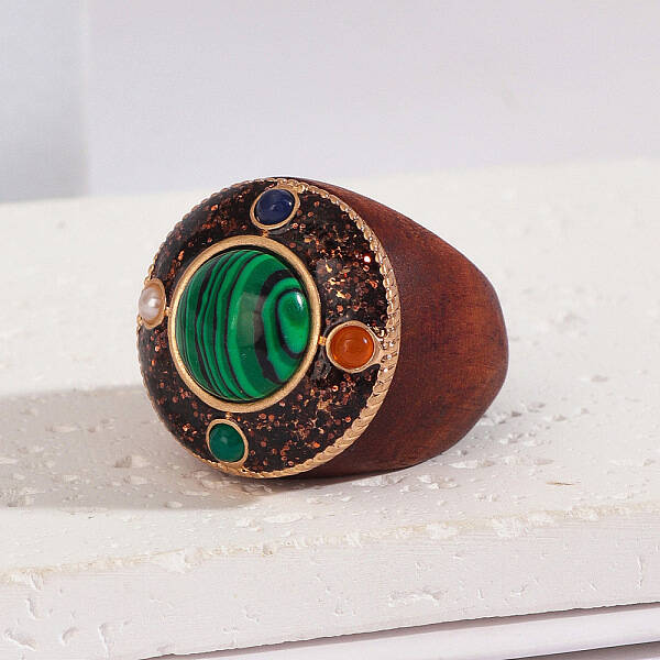 Flat Round Wood & Resin & Synthetic Malachite Finger Rings