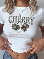 Women's Plain / Cherry & Letter Print Round Neck Crop Tee, Casual Short Sleeve Crew Neck T-shirt for Summer, Fashion Women's ...