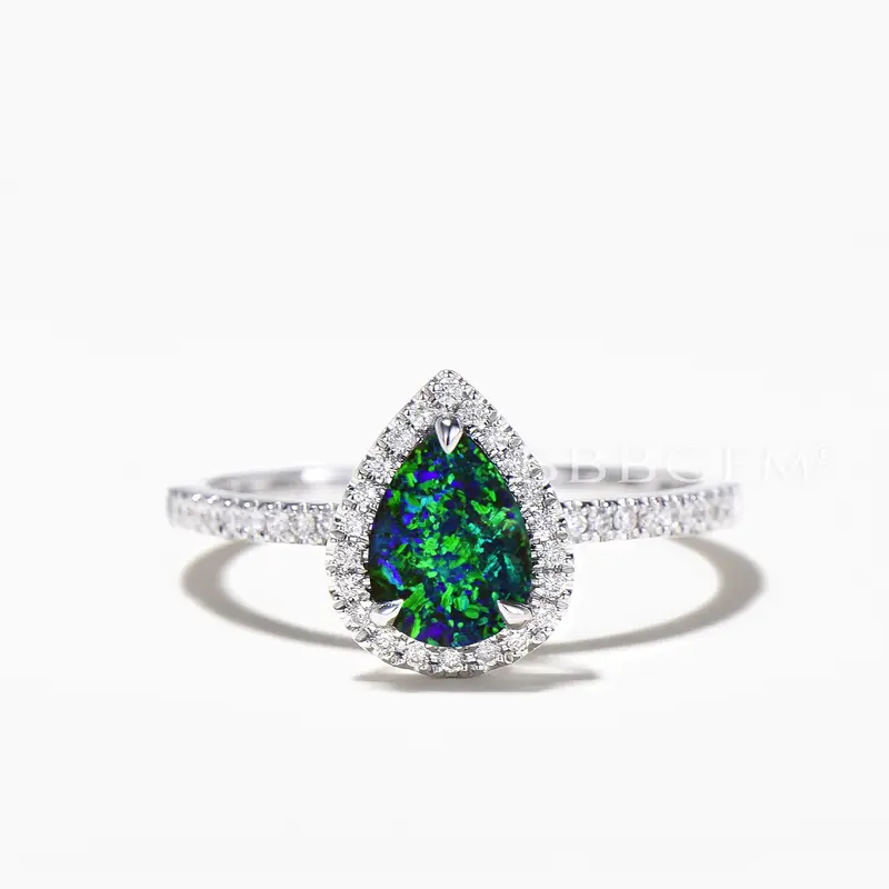 1.25CT Pear Cut Black Opal Half Eternity Engagament Ring Diamond Halo Ring