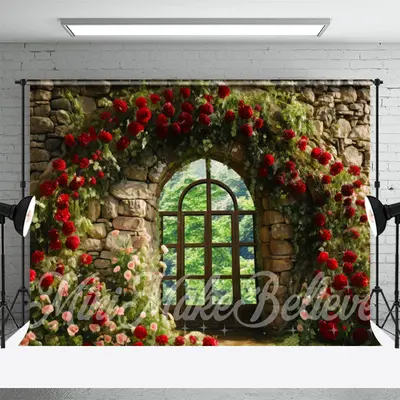 Arched Red Flowers Window Birck Wall Spring Backdrop - Aperturee