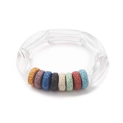 Natural Lava Rock Flat Round & Acrylic Beaded Stretch Bracelet for Women