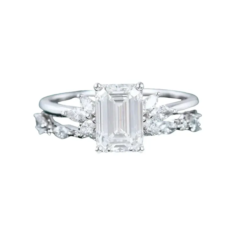 10K White Gold Emerald Cut Moissanite Couple Bridal Set