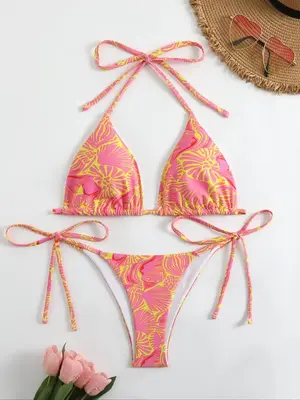 Two-Piece Set Women's Plants Print Tie Back Bikinis for Summer 2024, Halter Triangle Bikini Top & Tie Side Swim Bottom, Bath...