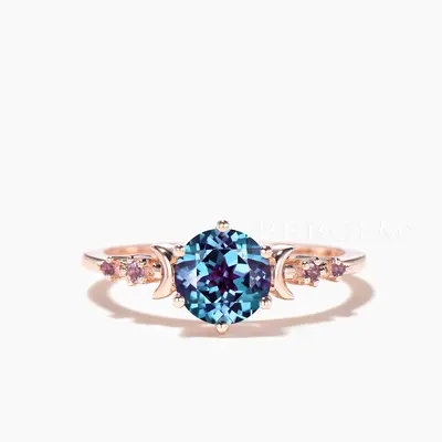Round Color-change Alexandrite Engagment Ring Amethyst Moon Celestial Ring