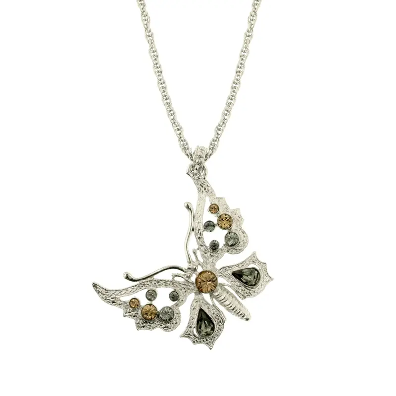 Silver-Tone Lt. Colorado/Blk Diamond Butterfly Necklace 16\