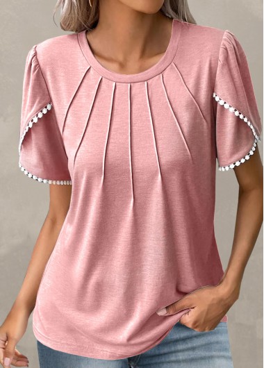 Modlily Light Pink Patchwork Short Sleeve T Shirt - M