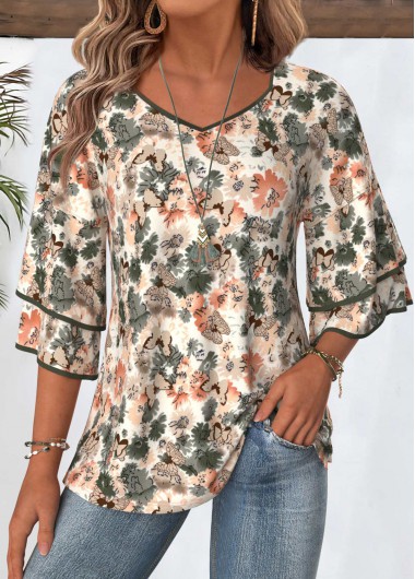 Modlily Multi Color Floral Print 3/4 Sleeve T Shirt - S