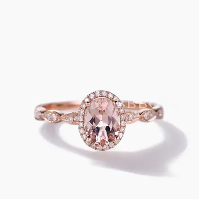 Milgrain 5x7mm Oval Cut Halo Morganite and Diamond Engagement Ring Art Deco