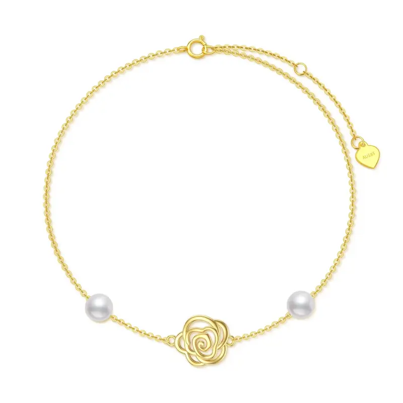 14K Gold Pearl Rose Single Layer Charm Anklet