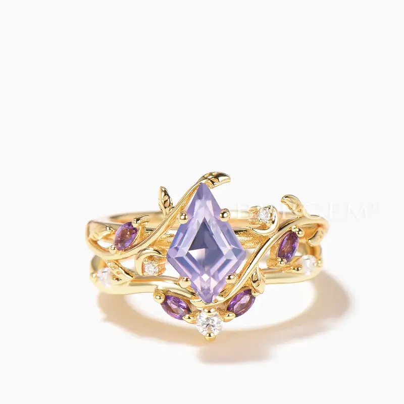 Amethyst Ring Set Kite Cut Natural Lavender Amethyst Leaf Engagement Ring