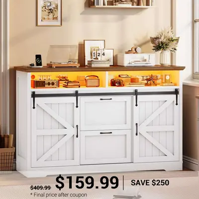 SEDETA 47.2 Inch File Cabinet 2 Drawers Farmhouse Filing Cabinets for A4 File with Barn Door Power Outlets Printer Stand LED ...