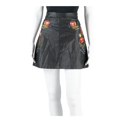 EVEN & ODD Faux Leather Embroidery Womens A-Line Skirt Black Short Floral L