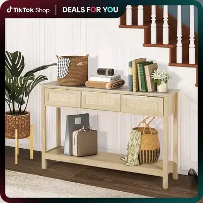 [Dealsforyoudays] Rattan Entryway Table,Boho Rattan Console Table - Narrow Entryway Design with 3 Drawers Modern Narrow Table...
