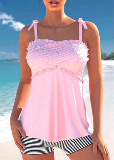 Modlily Bowknot Patchwork Striped Pink Tankini Set - L
