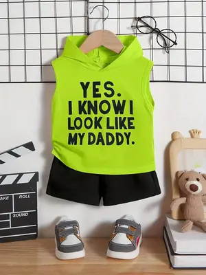 Two-Piece Set Toddler Boy's Letter Print Tank Top & Elastic Waist Shorts Set, Casual Sleeveless Hooded Top & Shorts for Summe...