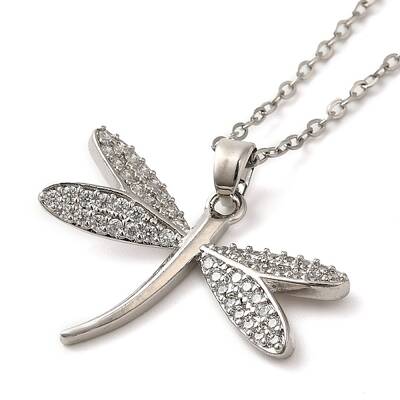 Brass Pave Clear Cubic Zirconia Dragonfly Pendant Necklaces