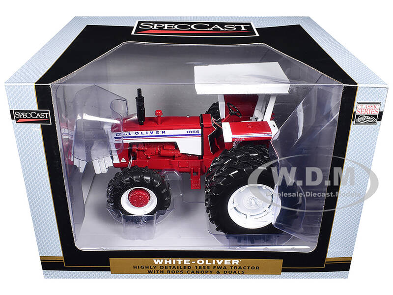 White-Oliver 1855 FWA Tractor with ROPS Canopy and Dual Wheels Red with White Stripes and White Canopy Classic Series 1/16 ...