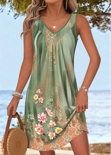 Modlily Sage Green Floral Print Short Tummy Coverage Sleeveless Dress - M