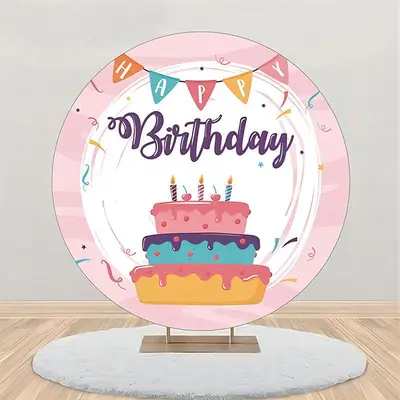 Colors Cake Pink Ribbons Round Birthday Backdrop - Aperturee