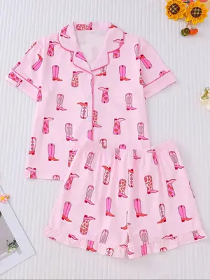 Girl's All Over Print Short Sleeve Pajama Set, Cute Button Front Lapel Neck Top & Ruffle Hem Elastic Waist Shorts Pj Set, Kid...