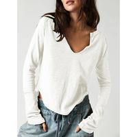 Casual Women Autumn Solid Color Long Sleeve V Neck Pullover Loose Blouse Top Soft Long-Sleeved Women's T-Shirt With V-Neck si...