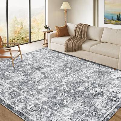 GARVEE Persian Grey 8x10 Washable Area Rug – Vintage Distressed Oriental Floral Low-Pile Non-Slip Non-Shedding Carpet for L...