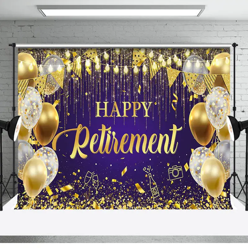 Purple Gold Balloons Happy Retirement Party Backdrop - Aperturee