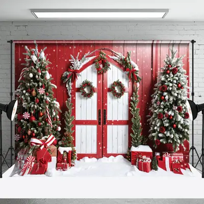 Aperturee Snowy Red Wood Barn Festive Door Christmas Backdrop - Aperturee