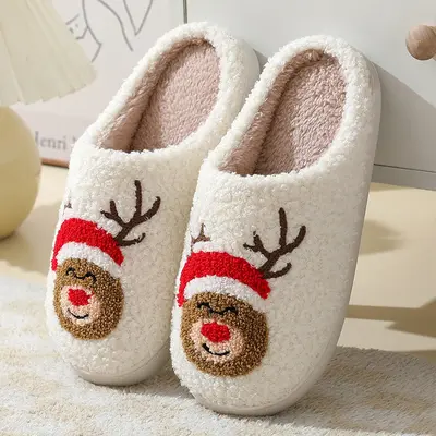 Christmas Home Slippers Cute Cartoon Santa Claus Cotton Slippers For Women And Men Couples Winter Warm Furry Shoes | Color: M...