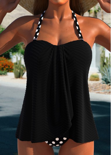 Modlily Cross Hem Polka Dot Black Tankini Set - M