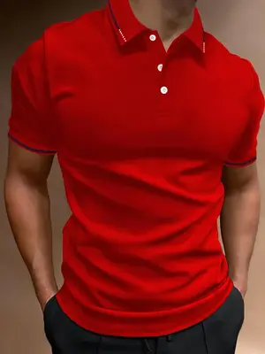 Men's Regular Fit Contrast Binding Short Sleeve Polo Shirt, Casual Solid Button Front Top for Summer, Fashion Men's Clothes f...