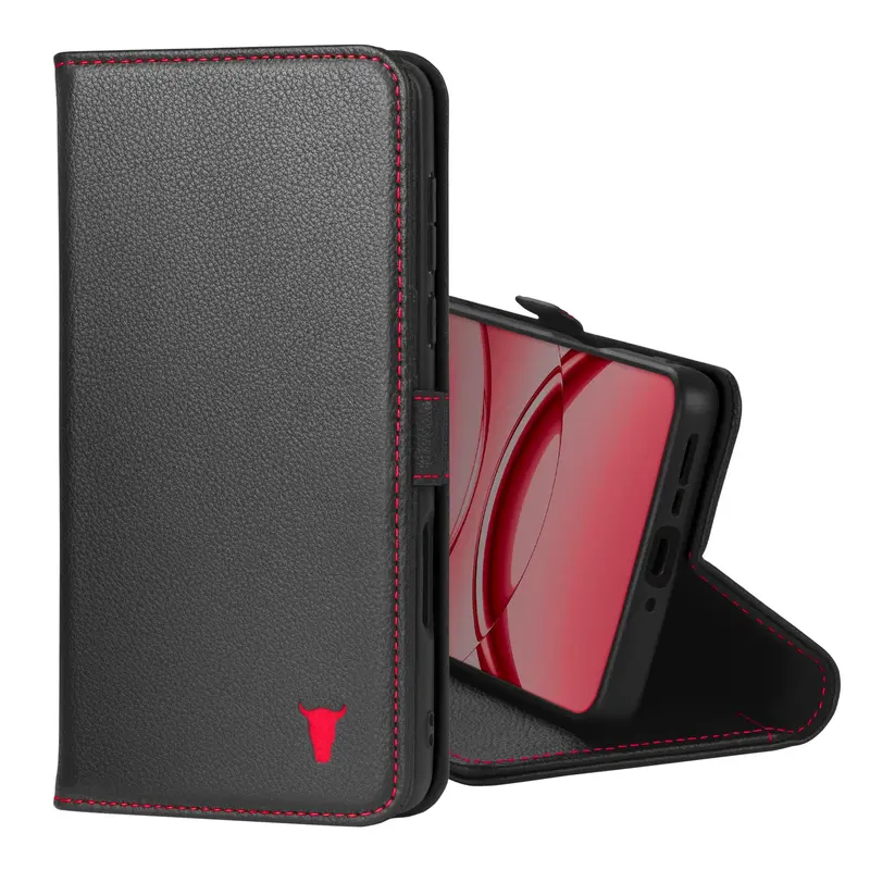 Oppo Find X8 Pro Leather Wallet Case - Black with Red Detail